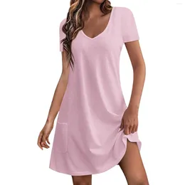 Party Dresses Summer Womens Short Sleeve Mini Dress Ladies Solid Casual V Neck Loose Bohemian Beach Vestidos With Pockets 2024
