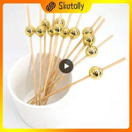 Forks 12cm Gold Beads Bamboo Fruit Sticks Salad Snack Fork Cocktail Decor Cake Buffet Toothpicks Wedding Party Supplies