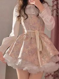 Work Dresses Spring Spicy Girl Fluffy Princess Pink Waist Slimming A-line Slip Dress White Doll Neck Shirt Two Piece Set Women Outfits