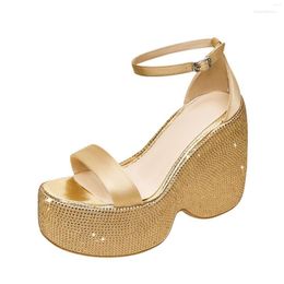 Sandals Diamond Round Toe Wedges High Heels Solid Colour Fashion Women Shoes Buckle Strap 2024 Sexy Party Pumps