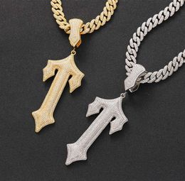 Cool Mens Hip Hop Necklace Yellow Gold Plated Bling CZ Big Sword Cross Pendant Necklace With 24inch Rope Chain Nice Gift5454140
