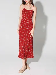 Casual Dresses Women Bow Floral Print Red Sling Dress Summer 2024 A-Line Silk Simple Sleeveless Midi Robe For Ladies