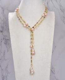 GuaiGuai Jewelry Cultured Pink Keshi Pearl Mixed Color Rectangle Cz Pave Long Chain Necklace Handmade For Women Real Gems Stone La4005925