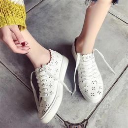Casual Shoes White Breathable Hollow Out PU Leather Women Flats Spring Summer Soft Comfortable Lace Up Sneakers Outdoor Loafers