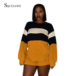 Womens Stripe Color Block Two Piece Set Casual Fall Long Sleeve Split Sweatshirt Top Mini Shorts Matching Tracksuit Outfits 240110wj