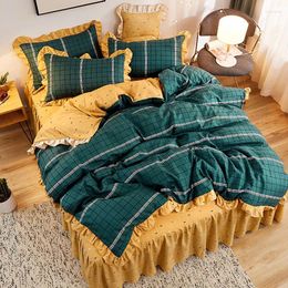 Bedding Sets Korean Set 4pcs Duvet Cover Blue Lattice Bed Skirts Pillowcase 3/4pcs Floral Quilt Cute Macrame A/B Pattern