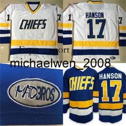 esp8 Weng #17 Steve Hanson Charlestown Jersey, Men's Hanson Brother Slap Shot 100% Stitched Embroidery Movie Hockey Jerseys Blue White
