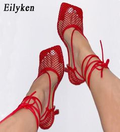 Eilyken Summer Autumn Sexy Mesh Pumps sandals Female Square Toe high heel Lace Up Crosstied Stiletto hollow Dress Pumps shoes1146214