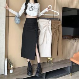 Skirts 2024 Women Slit Korean Style Fashion A-line Sweet High Waist Casual Solid All-match Ladies Office Lady