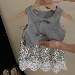 Sweet set girls new bow knit vest temperament lace splicing sequin skirt trend