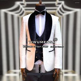 Men's Suits Latest Men White Jacquard Black Velvet Lapel Blazer Sets Formal Wedding Groomsman Tuxedo Tailor-Made Man Marriage Clothing