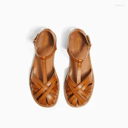 Sandals 2024 Summer Flats Shoes Brown Genuine Leather Buckle Strap Gladiator Sandalias Femininas Flat Single Woman