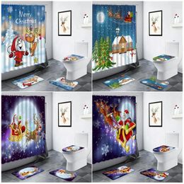 Shower Curtains Merry Christmas Bathroom Bath Mats Set Santa Claus Reindeer Year Xmas Decor Toilet Cover Non-slip Rug Carpet