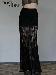 Skirts Skorts Rockmore Lace Splicing Sexy See-through Split Long Skirt femme Clothing Party Clubwear Chic Black Gothic Straight Skirts 2024S246054