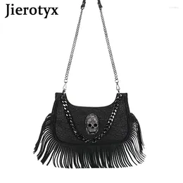 Evening Bags JIEROTYX Skull Face Fringed Hobo Shoulder Bag For Women Gothic Purse Black Leather Crossbody Handbag Chain Decor