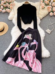 Work Dresses Autumn Ladies Two Piece Set Outfits Knitted Black Sweater Floral High Waist Ball Gown Long Maxi Skirt 2 Sets For Women