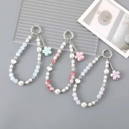 Cell Phone Straps Charms Pearl Crack Bead Pendant Keychain Pearl Love Heart Flower Beaded Mobile Phone Chain Anti-Lost Keyring Backpack Charms Decor Gift S246055