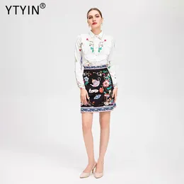 Work Dresses YTYIN Fashionable Summer Ruffled Floral Long-sleeved Casual Elegant Printed Shirt Top Black Retro Mini Skirt Two-piece Set