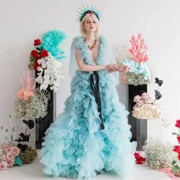 Casual Dresses Blue Fluffy Tiered Tulle Maxi Women To Wedding A-line Ruffles Long Bridal Dress Deep V-neck Robe Prom Gowns
