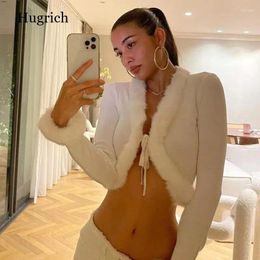 Women's T Shirts Women Autumn And Winter White Top 2024 Fur Collar Bandage Tie Hollow Out Fashion Crop Tank Long Sleeve Clothes