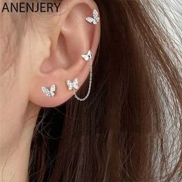 Stud ANENJERY Silver Colour Butterfly Stud Earrings for Women Double Ear Hole Tassel Chain Earrings Jewellery 24604