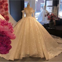 Glitter Sequins Long Sleeves Off The Shoulder Wedding Dresses 2024 Ball Gown Pearls Tulle Bridal Dress Vestido De Novia 0605