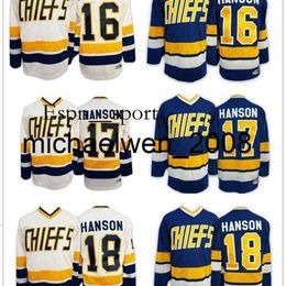 esp8 Weng Mens #1 Denis Lemieux Charlestown Chiefs Jersey #3 Dave Killer #7 Dunlop 16 17 18 Hanson Slap Shot Movie Hockey Jerseys Stitched White Blue