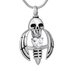 new z793 silver Hold Crsytal Wing Skeleton Stainless Steel Memorial Urn Necklace For Ashes Mens Keepsake Cremation Jewellery Pen8887686
