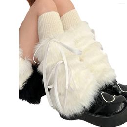 Women Socks Y2k Punk Harajuku Black Thickened Imitation Fur Gothic Bow Leggings Boots Cover Party Accessories