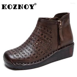 Boots Koznoy 4cm Authentic Natural Genuine Leather Summer Breathable Luxury Ladies Hollow Women Platform Wedge Ankle ZIP Shoes
