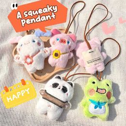Key Rings 1PC Cartoon Squeak Doll Name Sticker Pendant Frog Pig Rabbit Panda Plush Toy Anti-lost Mark Luggage Tag Charm Keychain Bag DecorL2464