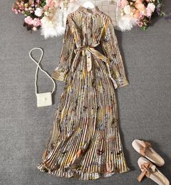Casual Dresses Pleated Vintage Dress Woman Long Sleeve AnkleLength Party For Women 2021 Stand Sashes Boho Maxi Autumn9644315