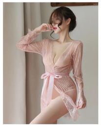 Women's Sleepwear Sexy Perspective Mesh Home Wear Sleeping Dress Lace Striped Pajamas Womens Nightgown Lingerie Night Wears