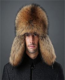 Mens Real Fox Fur and real leather Hat Russian Ushanka Winter Warm Aviator Trapper Bomber Ski Earmuffs Cap3336820