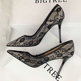 Sexy Slim Pumps Women's High Heel Shoes Breathable Lace Stiletto Night Club Shoes Black Beige Red