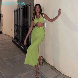 Work Dresses COCOTHIA Green Halter Sleeveless Knot Backless Lace Up Slim Fit Crop Top Camisole Hip Long Skirt Street Trendsetter 2 Pieces