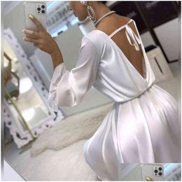 Basic Casual Dresses Y Backless Tie-Up Bow Ruffle Mini Dress Autumn Flare Sleeve A-Line Office Spring Women Wrap V Neck Satin Party Y1 Dhlod