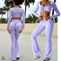 12Pcs Long Sleeve Pad Crop Tops Yoga Set Women Gym Sport Big Leg Flare Scrunch Pant Workout Fitness Legging Active Wear Suits