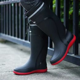 Boots Mens Rain Boots Long Tube Water Shoes Non-slip Waterproof Safety Work Shoes Black Red Platform Cotton high-top outer wear Q240605