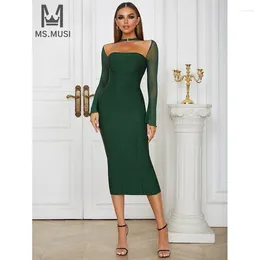 Casual Dresses MSMUSI 2024 Fashion Women Sexy Solid Halter Lace Mesh Long Sleeve Backless Bandage Bodycon Party Club Event Slim Midi Dress