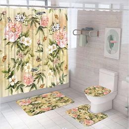 Shower Curtains Vintage Flower Bird Curtain Sets 4Pcs Cactus Spring Floral Butterfly Bathroom Non-Slip Rug Toilet Cover Bath Mat