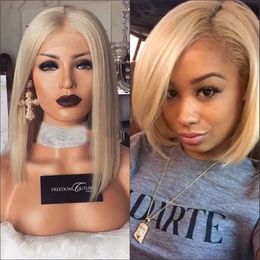 New arrival 14inches straight women brazilian short full lace front wig natural hair synthetic platinum blonde bob wig with baby hair Kgwua