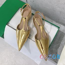 Sandals Summer Sexy Golden Metallic Leather Pointed Toe T-belt Flat Real Middle Hollow Dress Shoes Brand