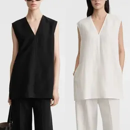 Women's T Shirts Women Sleeveless Vest Side Slit V-neck White Or Black Simple Loose 2024 Summer Ladies Elegant Tank Tops