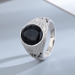 Cluster Rings 925 Sterling Silver Jewellery Ring Natural Oval Rectangle Big Black Agate Stone Vintage For Women Party Gifts