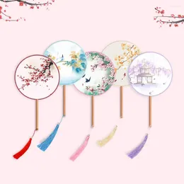 Decorative Figurines Chinese Style Round Hand Fan Long Handle Ink Painting Dance Silk Ancient With Tassel Embroidery For Hanfu