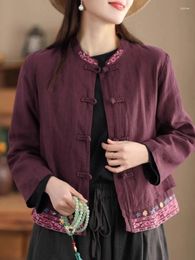 Women's Jackets Johnature Women Linen Embroidery Floral Stand Long Sleeve Coats 2024 Spring Button Chinese Style Solid Color