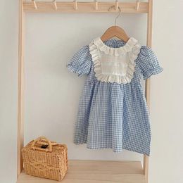Girl Dresses Summer Toddler Baby Dress Ruffles Casual Kids Cotton Lace Blue Plaid A-line Short Sleeve Children Clothing