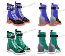 Moonlight Half Boot Ankle Boots Women Green Blue Open Toe Sturdy Heel Soft Gold Satin Silk Calfskin With Metal Zip Around Outsole 3680455