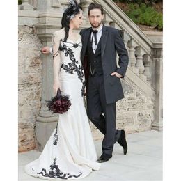 Seksowne czarne koronki i białe satynowe sukienki ślubne syreny kochanie gotycka szata de Mariage suknie ślubne 0605